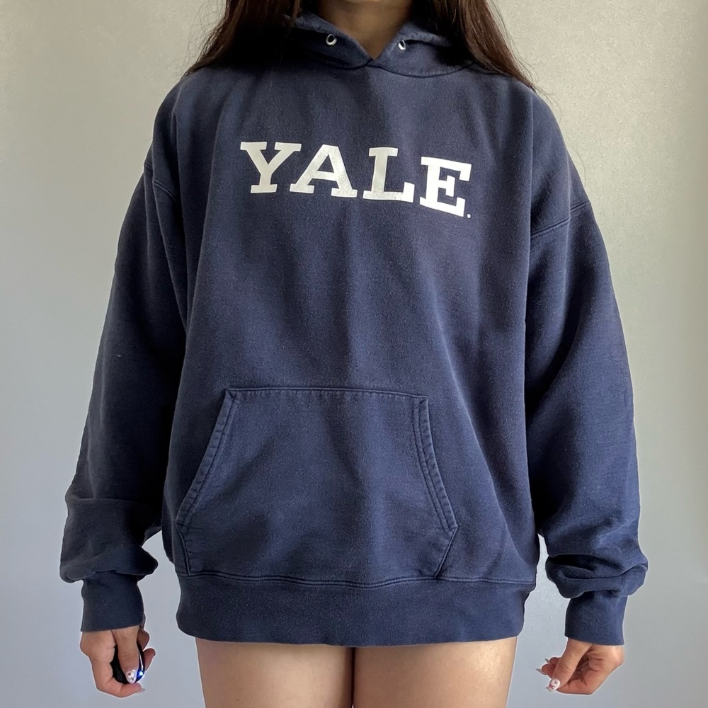 Yale Navy Logo Hooded Sweatshirt - Oversized College Pullover